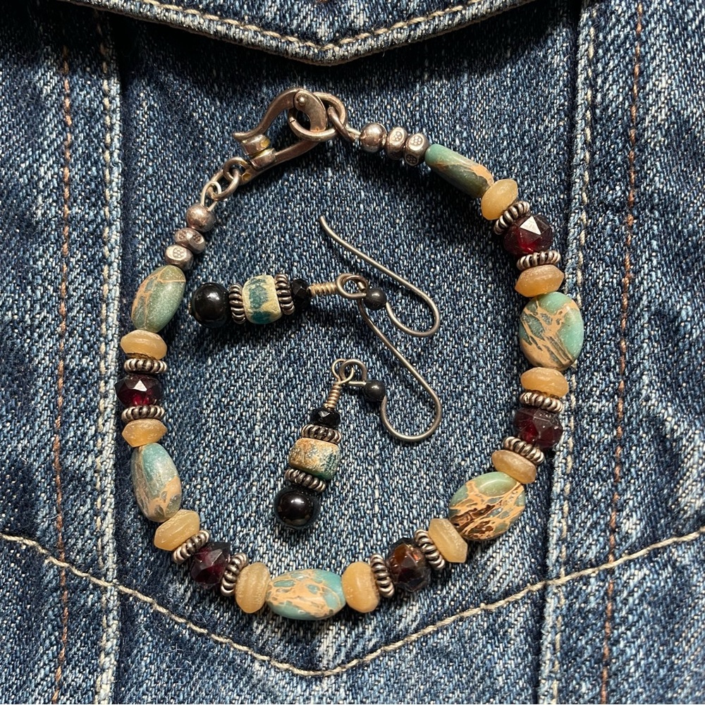 Artisan Beaded Jewelry Set Jasper Garnet Bracelet Earrings Boho OOAK Handmade